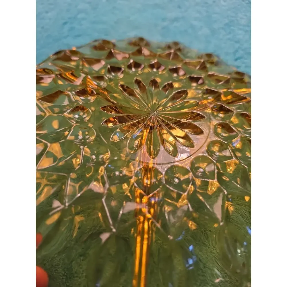 Vintage amber glass divided relish dish with pressed floral pattern.